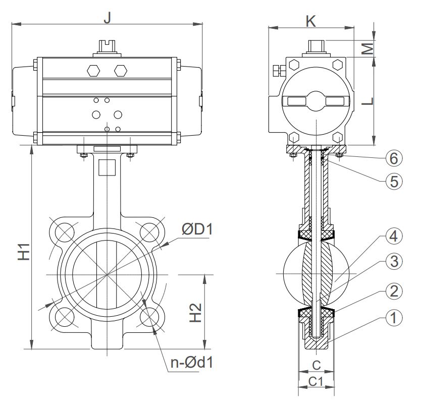 Cast Iron Wafer Butterfly Valve Air Open, Air Closed